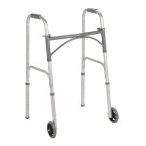 A lightweight walker with front wheels for mobility assistance.