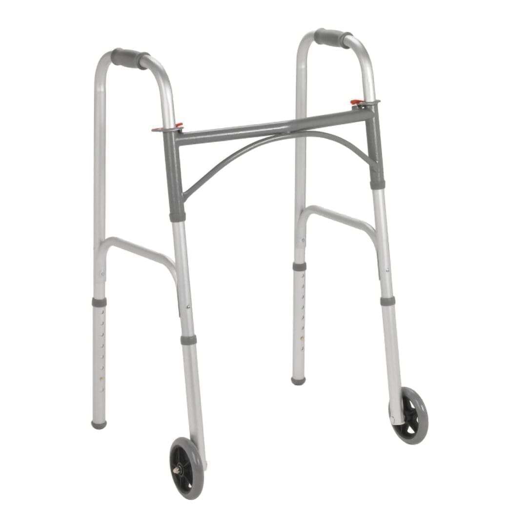 A lightweight walker with front wheels for mobility assistance.