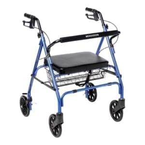 Blue four-wheeled walker with padded seat and hand brakes.