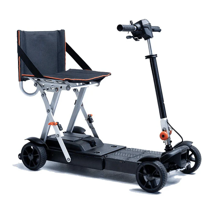 Compact electric scooter with a foldable seat and four wheels.