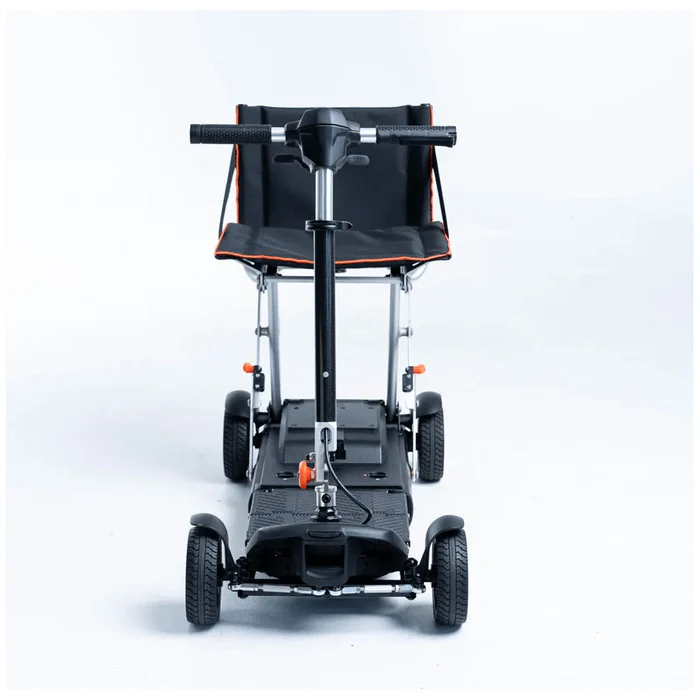 Folded mobility scooter with four wheels and handlebars.