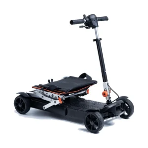 Electric off-road skateboard with large wheels and handlebars.