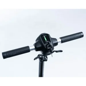 Close-up of an electric scooter handlebar with controls and display.