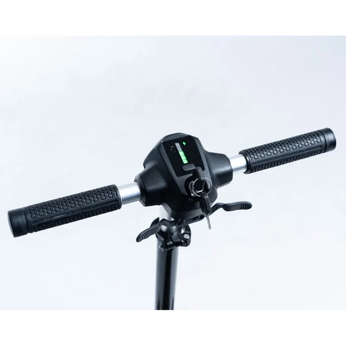 Close-up of an electric scooter handlebar with controls and display.
