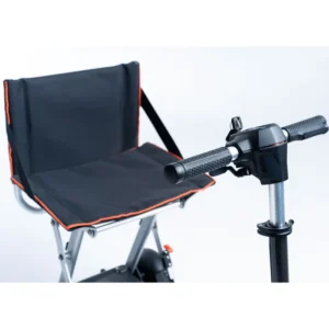 Compact camping stool attached to a walking stick handle for portable seating.