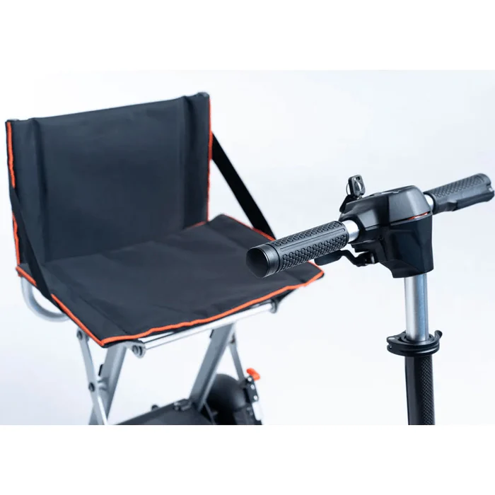 Compact camping stool attached to a walking stick handle for portable seating.