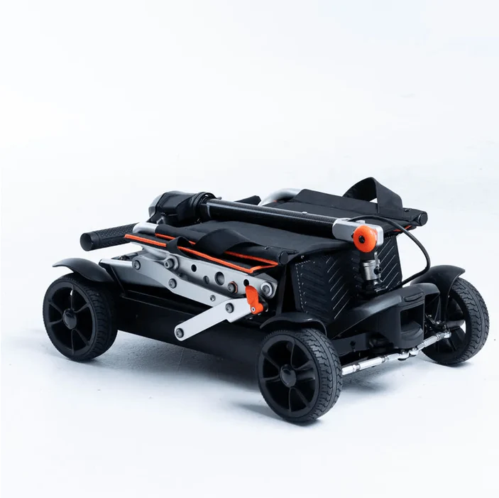 A sleek black LEGO-style toy car with orange and white details.