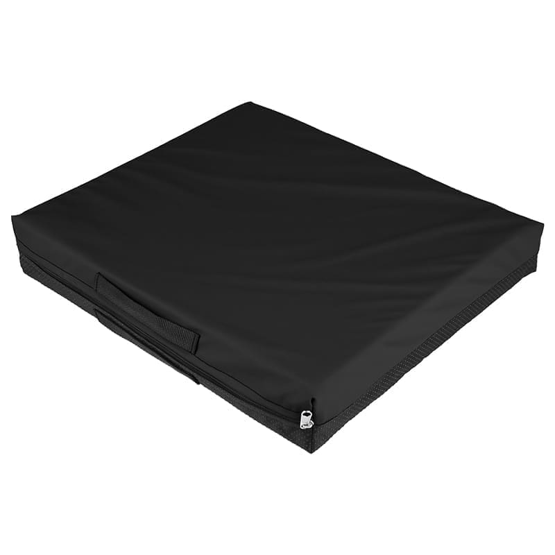 Black soft cushion chair pad with ties for securing.