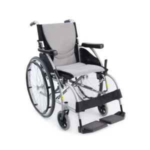 Modern manual wheelchair with cushioned seat and adjustable footrests.