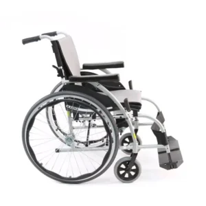 A black and silver manual wheelchair with armrests and footrests.