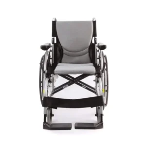Front view of a black and gray manual wheelchair.