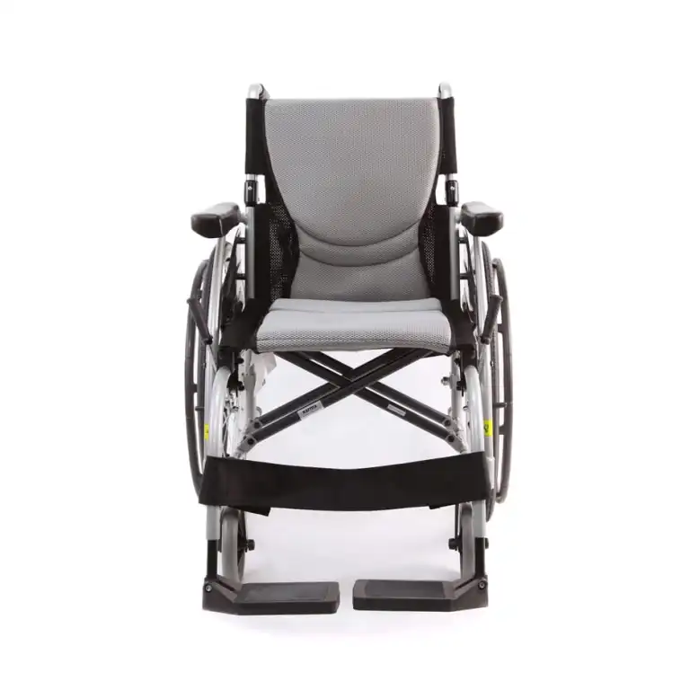 Front view of a black and gray manual wheelchair.
