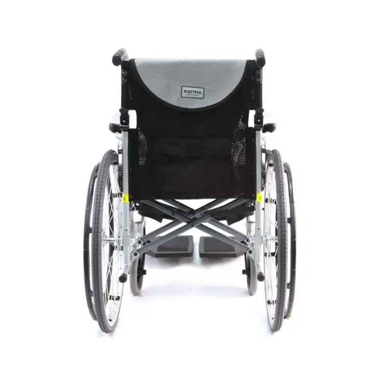 A black wheelchair with large rear wheels and smaller front casters.