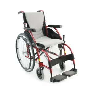 A modern wheelchair with padded seating and footrests.