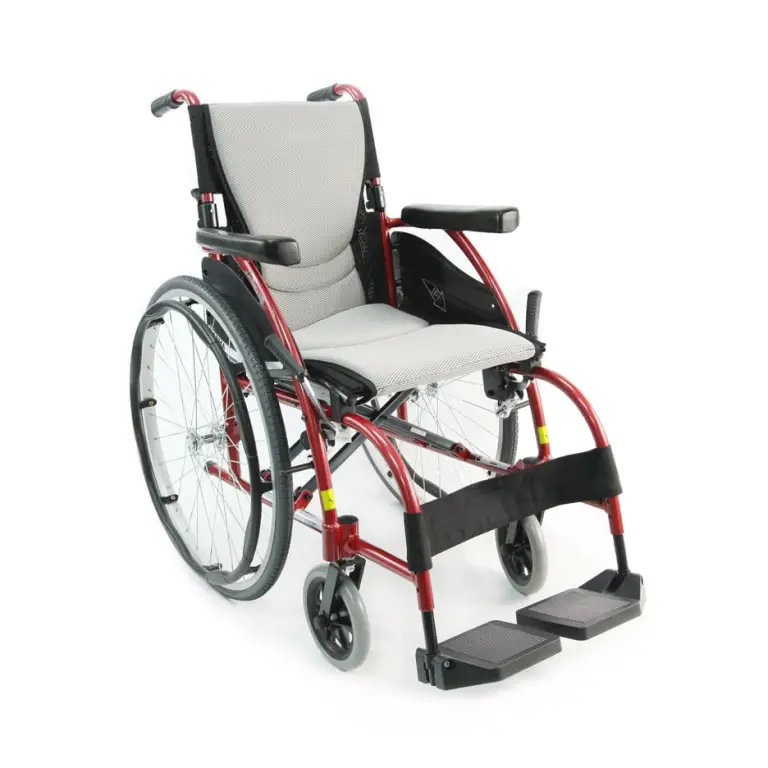 A modern wheelchair with padded seating and footrests.