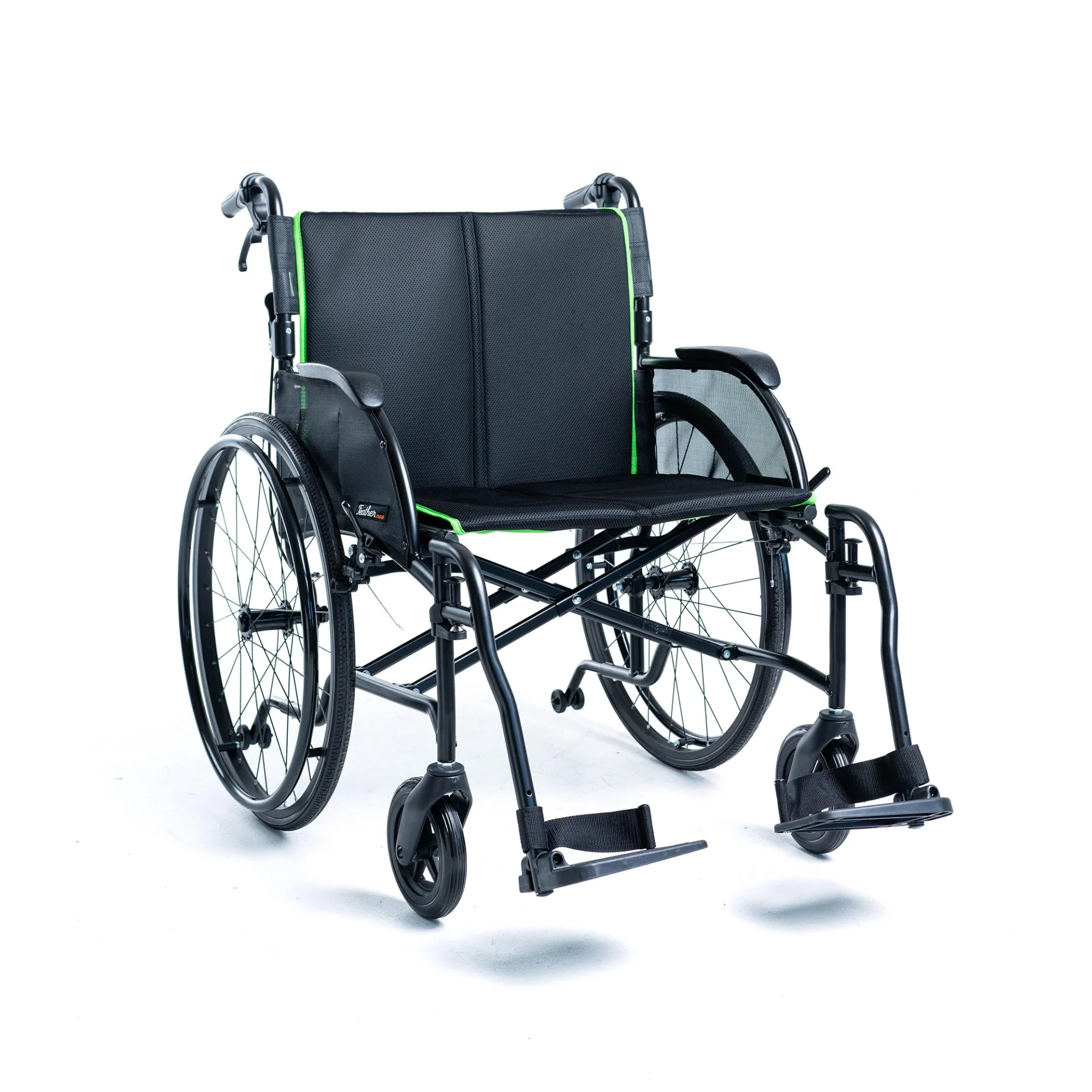 A black manual wheelchair with footrests and large rear wheels.