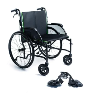 Black manual wheelchair with detachable footrests on a white background.
