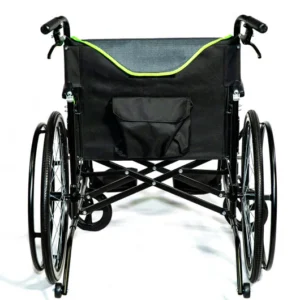 Black manual wheelchair with green trim, folded and viewed from the back.