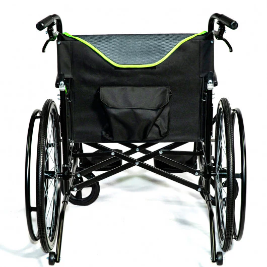 Black manual wheelchair with green trim, folded and viewed from the back.