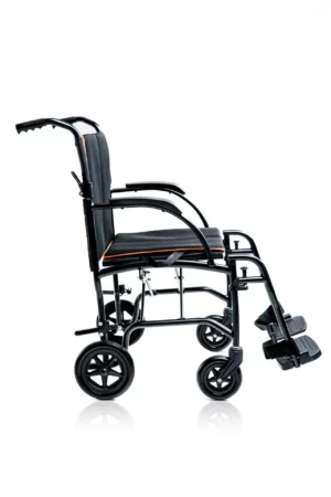 A black wheelchair with footrests and armrests.
