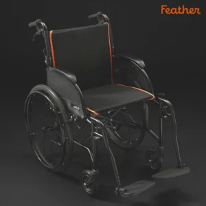 A sleek black wheelchair with orange accents and footrests.