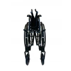 Folded black wheelchair with footrests and large rear wheels.