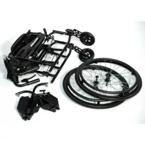Disassembled black wheelchair parts on a white background.