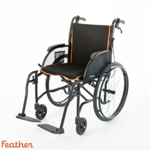 Black and brown manual wheelchair with footrests and large rear wheels.