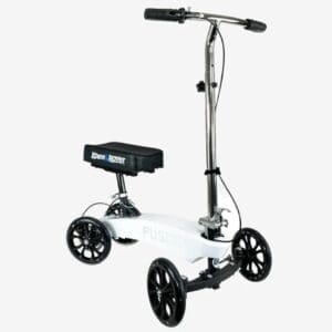 Compact silver mobility scooter with three wheels and adjustable handlebar.