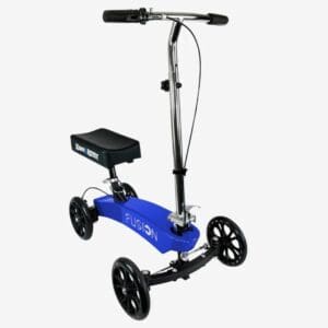 Compact blue four-wheeled scooter with adjustable handle and seat.