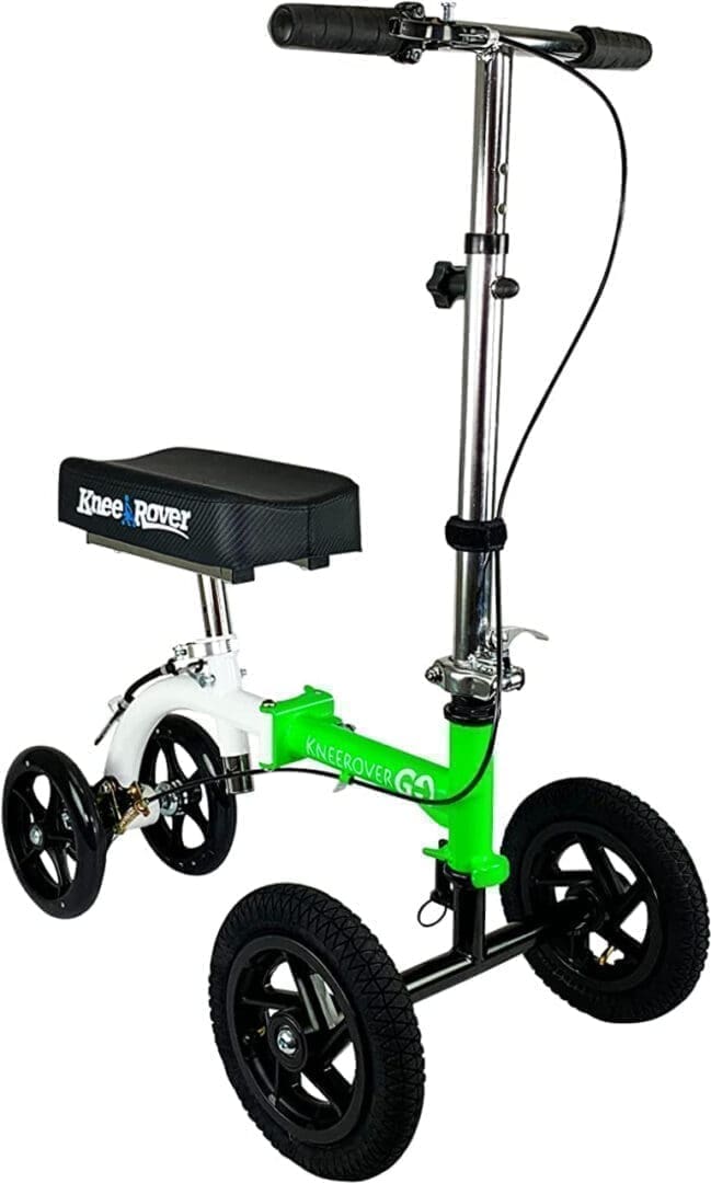 Compact green foldable scooter with black wheels and a padded seat.