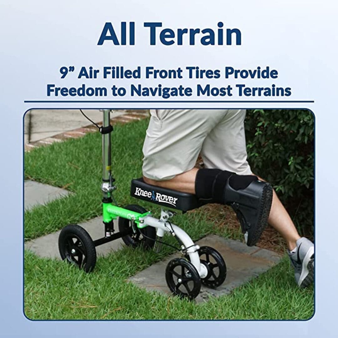 All-terrain lawn mower with 9" air-filled front tires for easy navigation.