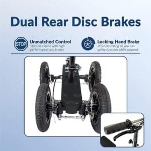 Electric scooter with dual rear disc brakes for enhanced safety.