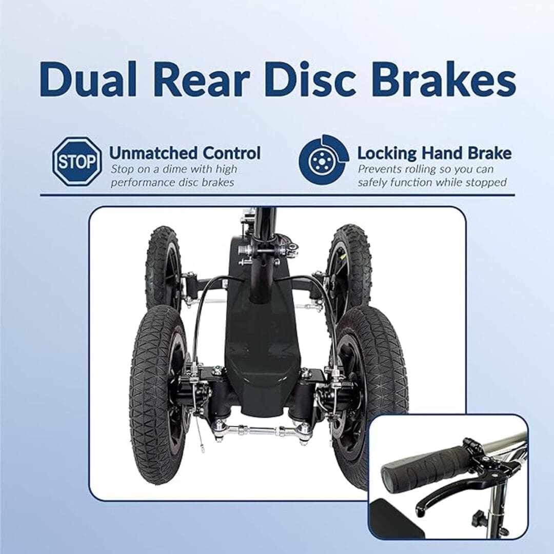 Electric scooter with dual rear disc brakes for enhanced safety.