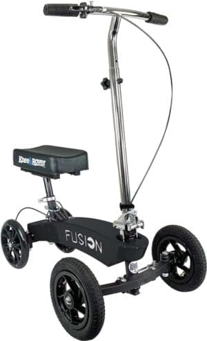 Black three-wheeled electric scooter with seat and handlebar.