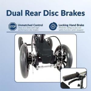 Rear view of a wheelchair showcasing dual rear disc brakes.