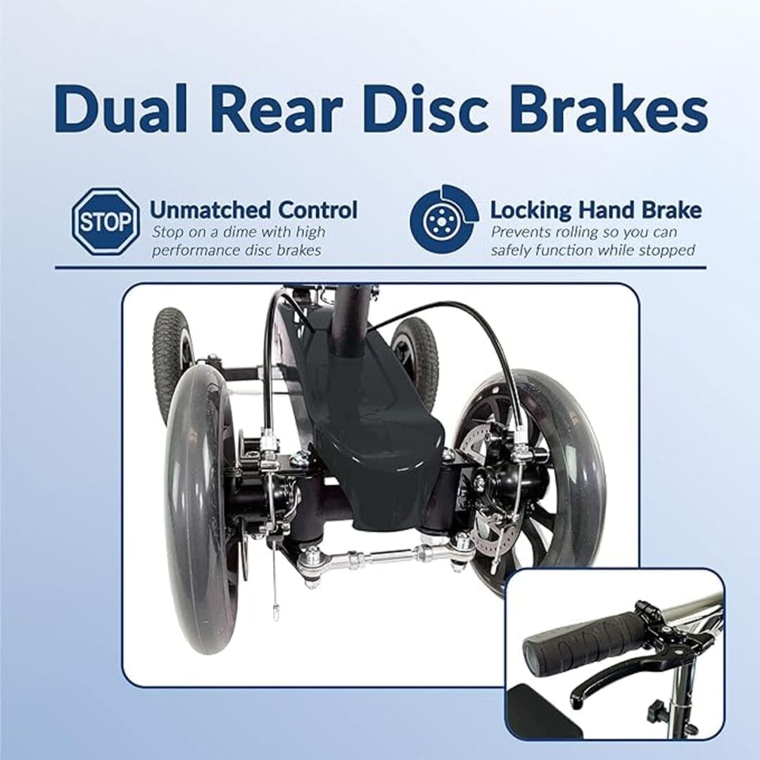 Rear view of a wheelchair showcasing dual rear disc brakes.