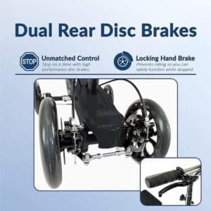 Wheelchair with dual rear disc brakes for enhanced control and safety.