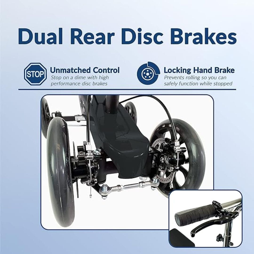 Wheelchair with dual rear disc brakes for enhanced control and safety.