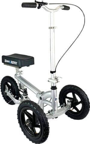 A silver scooter with large black wheels and a sturdy frame.
