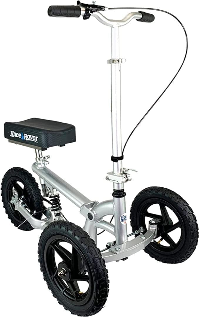 A silver scooter with large black wheels and a sturdy frame.