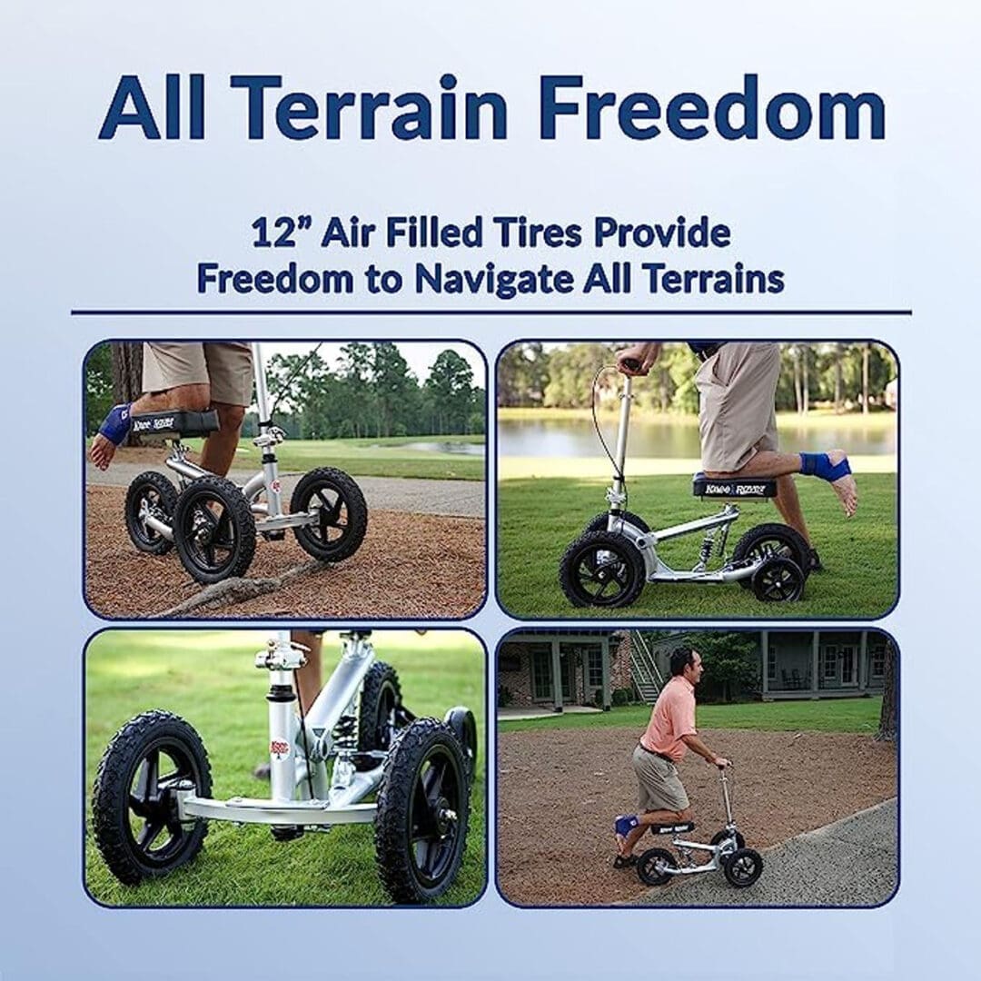12-inch air-filled tires enable freedom to navigate all terrains on various mobility devices.