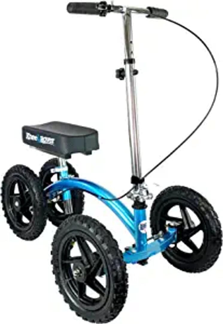 Four-wheeled knee scooter with adjustable handle and padded knee rest.