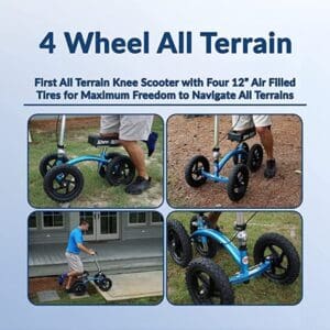 4-wheel all-terrain knee scooter with air-filled tires for versatile outdoor use.