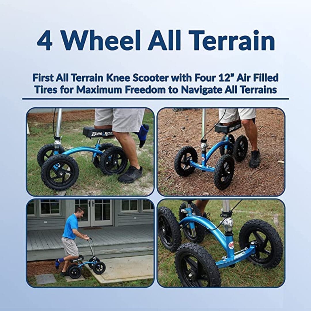 4-wheel all-terrain knee scooter with air-filled tires for versatile outdoor use.