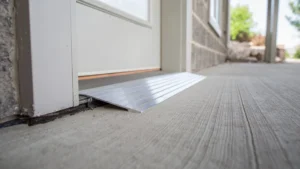 Metal ramp installed at a door entrance for accessibility.