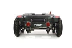 Rear view of a black robotic vehicle with large wheels and red sensors.