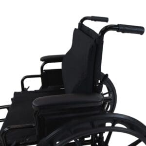 Black manual wheelchair with padded armrests and handles.