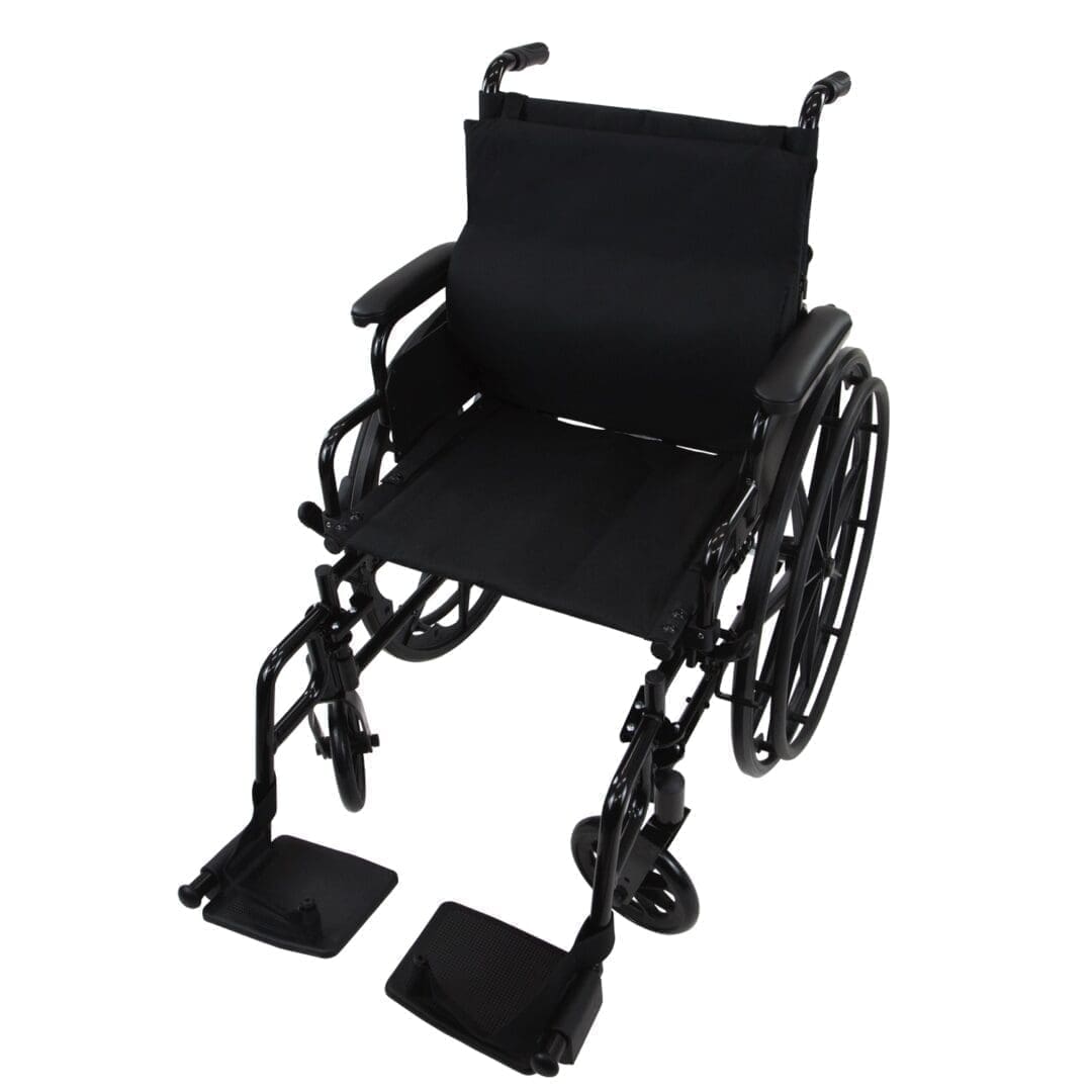 Black manual wheelchair with foldable frame and footrests.