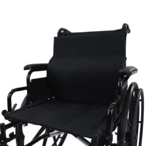 Black wheelchair with cushioned seat and backrest.